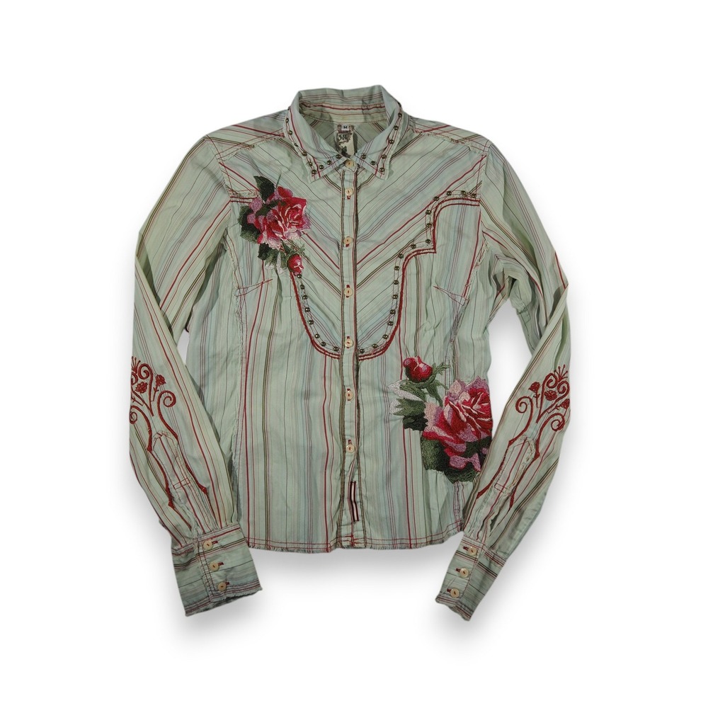 Johnny Was Mint Green Striped Button-Down Shirt with Red Rose Embroidery